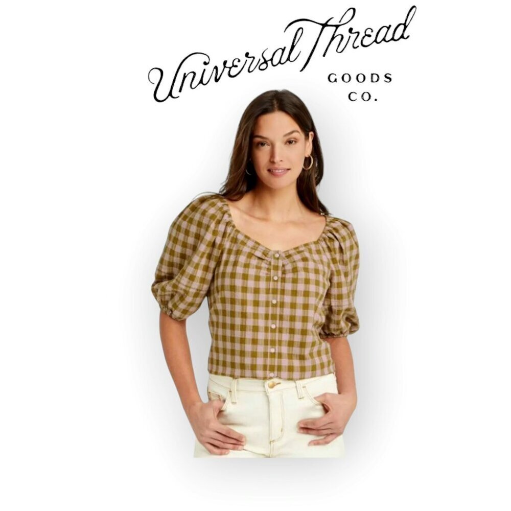 Universal Thread Gingham Puff Sleeve Top Boho OffShoulder Cotton Pale Pink Green